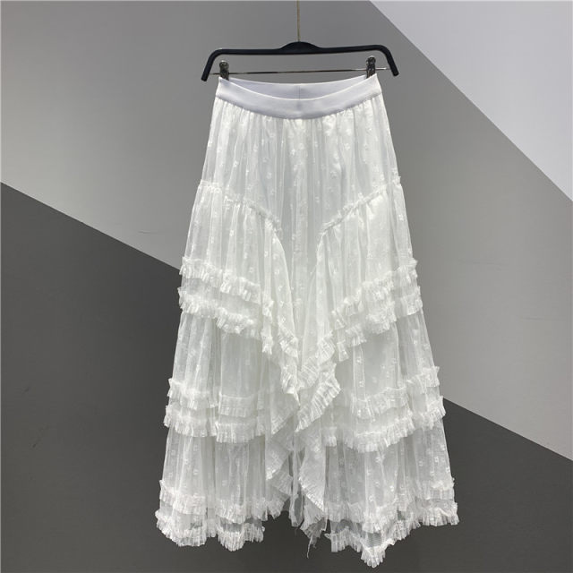 2025 Spring New High Waist Lace Flower Mesh Irregular Ruffle Mid-length Fairy Cake Skirt