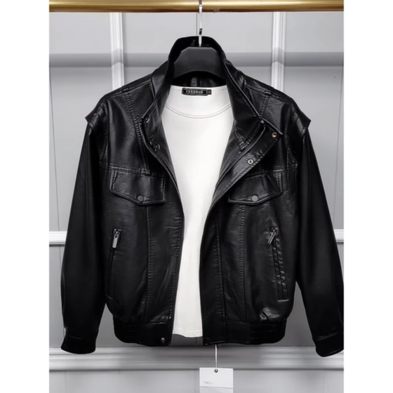 
Light luxury men's casual leather jacket fashionable and versatile Korean version simple and handsome jacket trendy brand stand collar short top