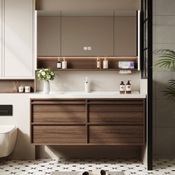 Intercontinental Vintage-Style Walnut Wood and Ceramic Integrated Basin Bathroom Cabinet Set with Washbasin and Vanity