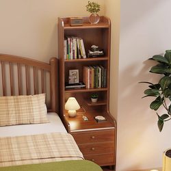 Fuqiaojiang Solid Wood Bedside Table with Integrated Storage Rack, Floor-Standing Home Bedroom Bedside Storage Cabinet with Bookshelf