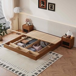 Modern Solid Wood Bed Tatami Box Bed Without Headboard Storage, Air Pressure High Box Bed, Simple Small Apartment Floating Bed