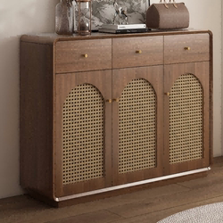 Luxurious Rattan Shoe Cabinet with Solid Wood Bars for Home Entrance, Vintage Storage Cabinet Integrated Against the Wall, 2025 New Model
