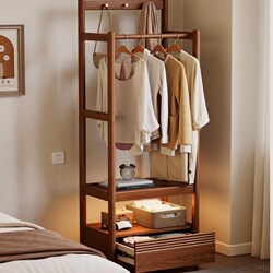 Eisen Solid Wood Bedside Table with Integrated Clothes Rack, Movable Minimalist Bedroom Coat Rack, Floor-Standing Coat Rack