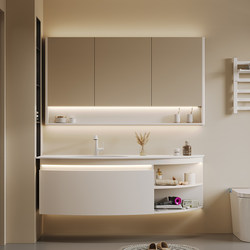 Dipur Official Corian Integrated Basin Bathroom Cabinet Set Cream Style Bathroom Arc-Shaped Washbasin Oak