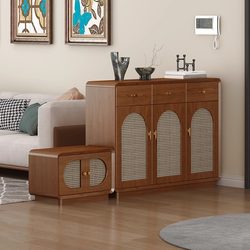 Luxurious Retro-Style Rattan Shoe Cabinet for Home Use, Multifunctional Living Room Entrance Cabinet, Solid Wood Color Partition Cabinet for Entryway