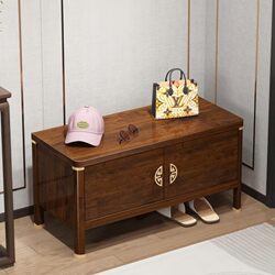 Yangman New Chinese Style Shoe Changing Bench for Home Entrance, Integrated Shoe Cabinet and Sitting Bench for Hallway, Shoe Wearing Bench with Solid Wood Frame