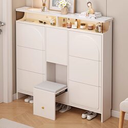 Yangman Cream-Colored Ultra-Thin Flip-Top Shoe Cabinet for Home Use, Extremely Narrow Entryway Wall-Mounted Shoe Cabinet with Integrated Bench