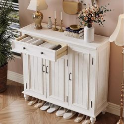 Yangman American-Style Solid Wood Shoe Cabinet, Ash Wood Entryway Indoor Cabinet, White, Fully Assembled, Large Capacity, Home Use, Vintage