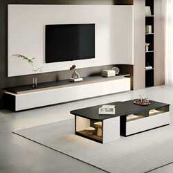 Luxurious Light Strip Tv Cabinet and Extendable Coffee Table Set, with a High-End Feel, Modern and Minimalist, for the Living Room, Floor-Standing, for Home Use