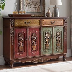 Eisen's American Country-Style Painted Four-Door Solid Wood Shoe Cabinet with Carved and Distressed Three-Door Shoe Cabinet, Vintage Entryway Cabinet for Storage