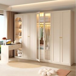 Baisiyi French-Style Cream-Colored Wardrobe for Small Apartments, Modern Minimalist Bedroom Full-Height Storage Cabinet