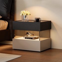 Ouyayijia Italian Minimalist Bedside Table with Light, Floating Solid Wood Storage Cabinet, Master Bedroom Storage Cabinet, Light Luxury and High-End