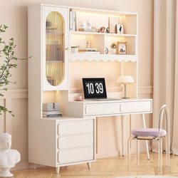 Luxurious Cream-Style French Computer Desk with Integrated Bookshelf, Study Desk, Home-Use Light Luxury Modern Bedroom Dressing Table