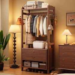 Yangman Solid Wood Bedside Cabinet with Integrated Clothes Rack, Bedroom Floor-Standing Coat Rack, Multifunctional Entryway Storage Rack for Clothes