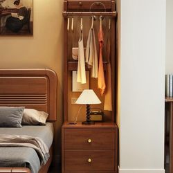 Yangman Solid Wood Coat Rack, Small Apartment Floor-Standing Clothes Rack, Entryway Storage Rack, Bedroom Bedside Table Integrated Clothes Rack