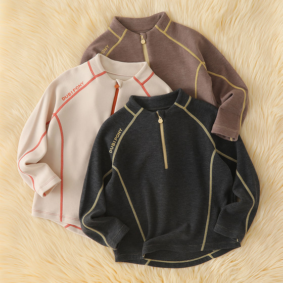 
Small warm leather half-zip children's velvet long-sleeved T-shirt thermal underwear tops boys' autumn clothes and girls' bottoming shirts