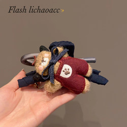 Plush Teddy Bear Ab Side Hair Clip with Bow, Dark Blue Fabric-Wrapped Hairpin, New Autumn/Winter Large Size Back-Of-Head Shark Clip