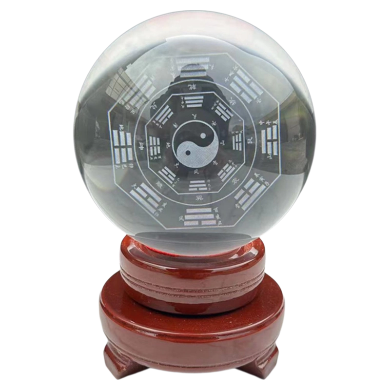 純手工水晶球內雕擺件太極八卦黃色水晶球中式裝飾品喬遷