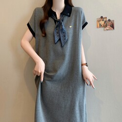Plus-Size French-Style Gray Polo Collar Dress for Women, Perfect for Summer, Flattering for Curvy Figures, with a High-End, Lazy Style, Long Dress