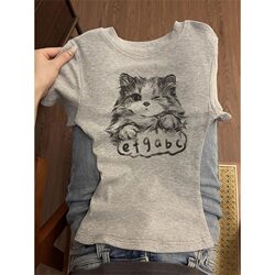 American Retro Gray Right-Shoulder Round-Neck Short-Sleeved T-Shirt for Women, New Summer Style Sweet and Spicy Girl Style Slim-Fitting Top for Women