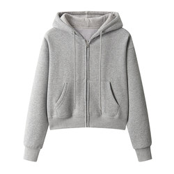 Gray Short Sports Hoodie for Women 2026 Spring and Autumn Thin New Versatile Zip-Up Cardigan Jacket with Fleece Lining