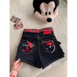 American-Style Sweet Spicy Girl Embroidered Denim Shorts for Women, New Summer Plaid Patchwork Design, Slimming Wide-Leg Hot Pants