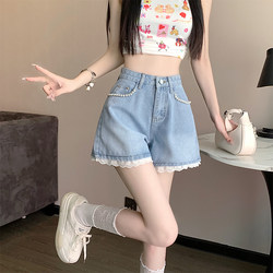 Sweet and Spicy Chic Denim Shorts for Women, Summer High-Waisted, Slimming, Wide-Leg, A-Line, Plus Size, Versatile, Petite, with Beaded Lace