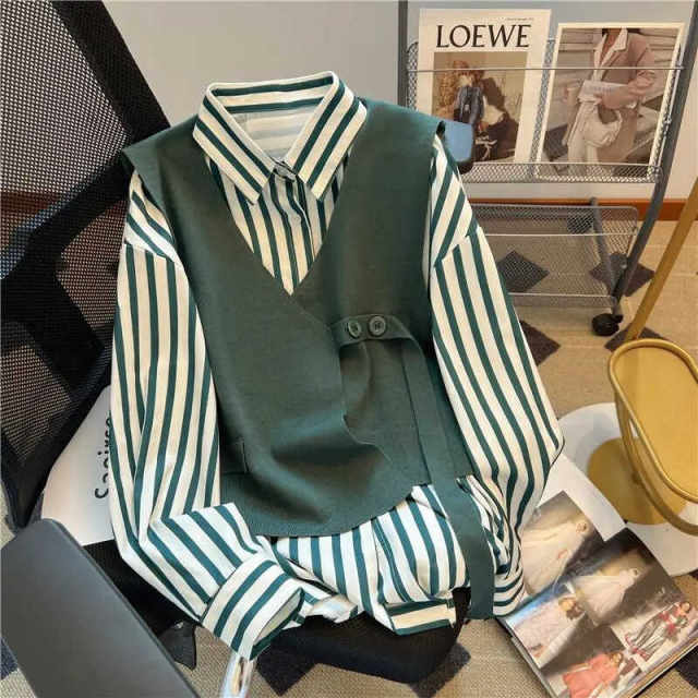 Extra Large Size 2-300Jin [Jin equals 0.5 kg] New Design Feeling Niche Loose Striped Long Sleeve Shirt Top Vest Two-Piece Set
