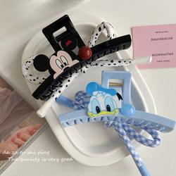 Korean Style Mickey Round Bead Bow Hair Clip for Women, Cartoon Ab Side Donald Duck Hair Clip, Shark Clip for Thick Hair at the Back of the Head