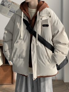 
Fake two-piece down cotton jacket men's winter hiphop high street work jacket Japanese thick hooded couple bread jacket