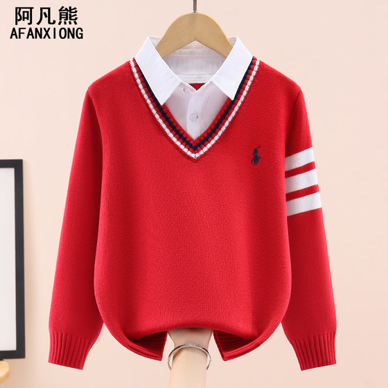 
Boys' pure cotton shirt collar fake two-piece sweater red 2026 new children's boys Christmas knitted bottoming shirt