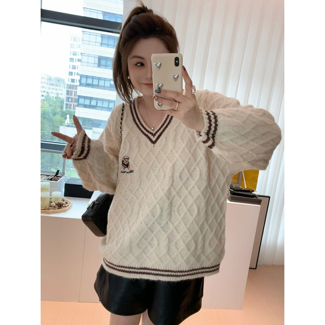 Cookie milk coffee college style sweater fashion contrasting color v-neck embroidered top for women H624Z16915