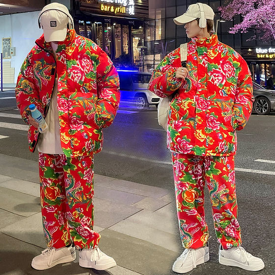Northeast large flower jacket suit men's winter thickened cotton coat Internet celebrity couple outfit Chinese style peony flower cotton jacket cotton pants
