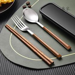 Chopsticks, Spoon, and Fork Set, Wooden Portable Cutlery for One Person, High-Quality Stainless Steel Three-Piece Set for Students and Travel