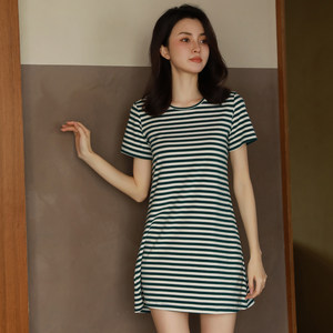 Bamboo cotton Modal with chest pad, shouting pajamas, women's summer short sleeved pajamas, one piece thin striped dress, home clothing