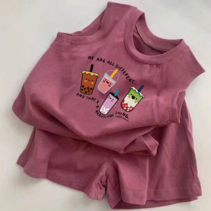 
Children's 2025 vest shorts suit for boys and girls summer new pure cotton two-piece set baby cartoon sleeveless T-shirt