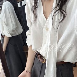 Coconut Ice Coffee【Swan Neck】Fashionable V-Neck Shirt for Women, Autumn, Spring, Summer, Ribbon, High-End Fashion Long-Sleeve Shirt