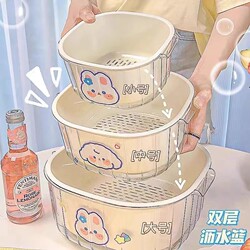 New Model Double-Layer Thickened Vegetable Washing Basin with Draining Basket for Kitchen, Living Room, and Household Use, Suitable for Washing Vegetables and Fruits, Also Serves as a Fruit Tray