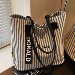 Striped Large-Capacity Canvas Bag for Women 2026 New Fashion Handbag Shoulder Shopping Bag Casual Work Clothing Tote Bag
