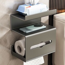Bathroom Toilet Paper Holder Shelf, No-Drill Wall-Mounted Tissue Box, Toilet Paper Storage Box, Restroom Roll Paper Holder