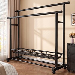 Clothes Rack, Clothes Drying Rack, Floor-Standing, Thickened, Simple Double-Rod Coat Rack for Bedroom, Heavy-Duty Storage Rack for Living Room Hats