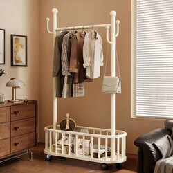 Floor-Standing Clothes Rack with Wheels for Rental Apartments, Bedrooms, Dorms, and Living Rooms; a Movable Clothes Hanger and Storage Rack