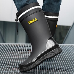 Outdoor British-Style Men's Rain Boots with Reflective Details for Night Use, Integrated Drawstring, Waterproof, Non-Slip, Men's Fishing Rubber Boots, Mid-Calf