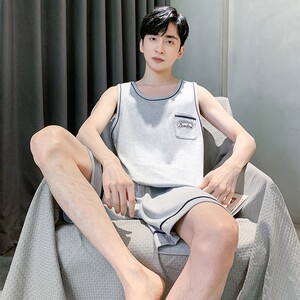 
Summer pure cotton vest pajamas men's loose casual two-piece suit summer thin middle-aged men's sleeveless home clothing