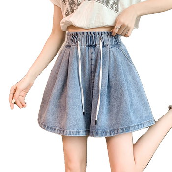 Large size denim shorts for women in summer loose pleated skirt
