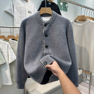 
Men's sweater autumn and winter thickened cardigan coat high-end fake two-piece knitted shirt light luxury baseball line clothes