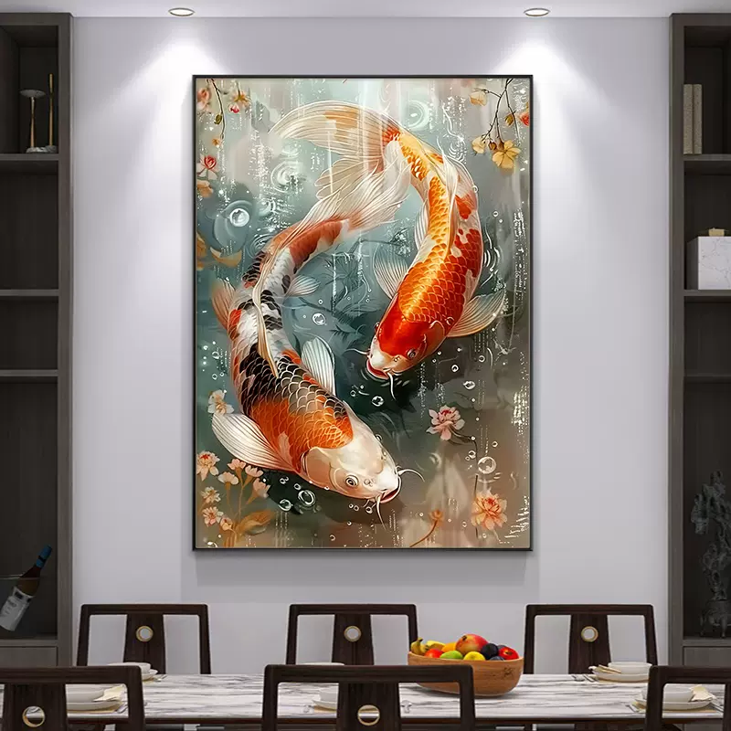 招财锦鲤客厅装饰画年年有余寓意好风水玄关壁画高档