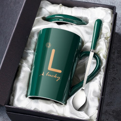 Mug Ceramic Cup with Lid Spoon Coffee Cup Household Couple Water Cup Men's Large Capacity Tea Cup Women's Office