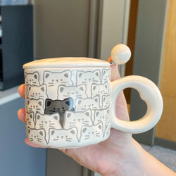 New 2025 Cat Mug with Lid, Ceramic Cup for Women, High-Value Office Couple Water Cup