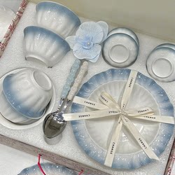 Tableware Set 2025 New Model High-Value Bowl and Plate Set Household Ceramic Bowl and Plate Combination with Chopsticks Underglaze Color Housewarming Gift